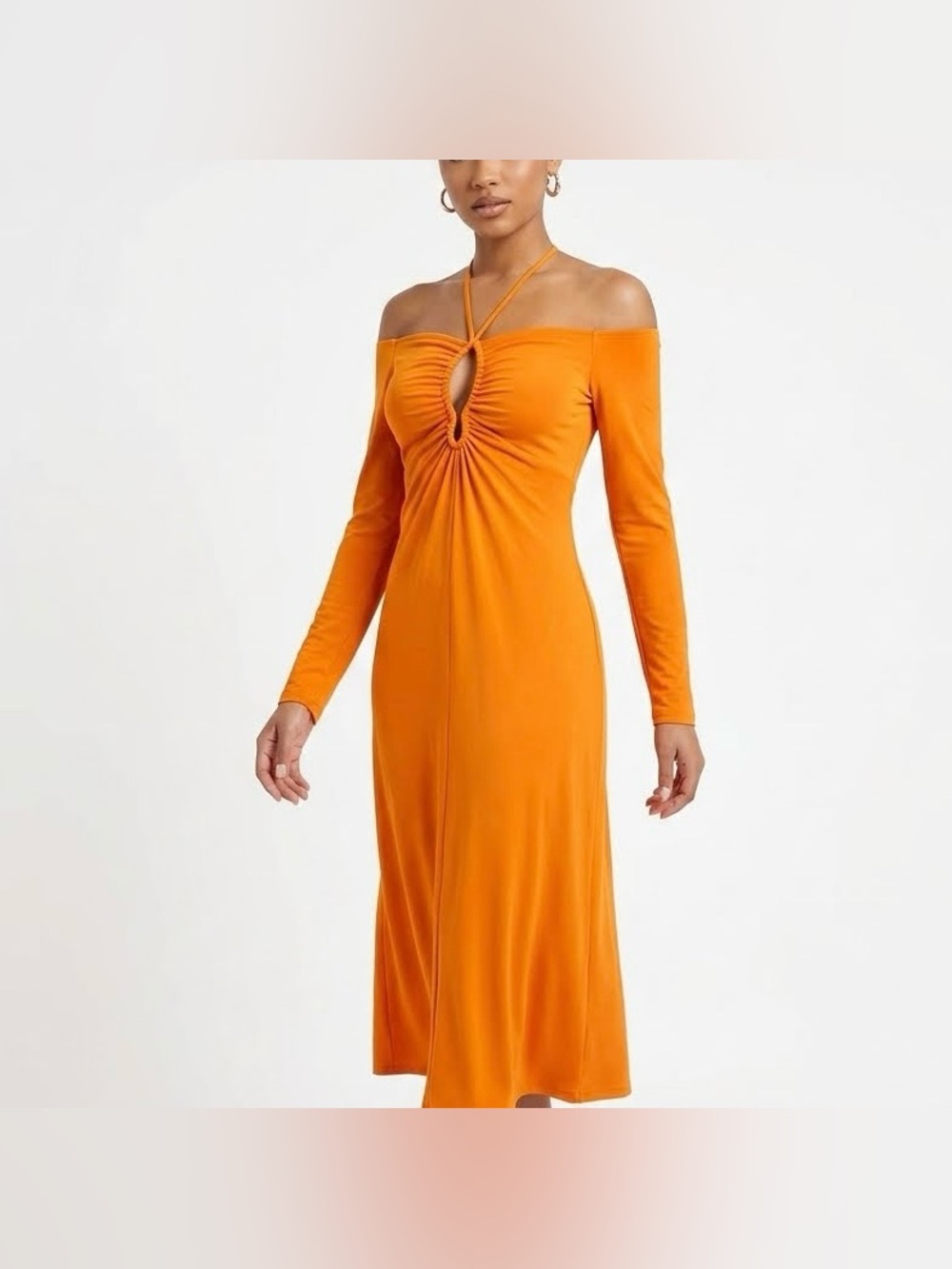 NWT BOLD Elements Orange Long-Sleeve Ruched Keyhole Midi Dress Size M
